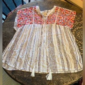 Savanna Jane Cream & Brown Striped Boho Top with Multi Color Embroidery Size L